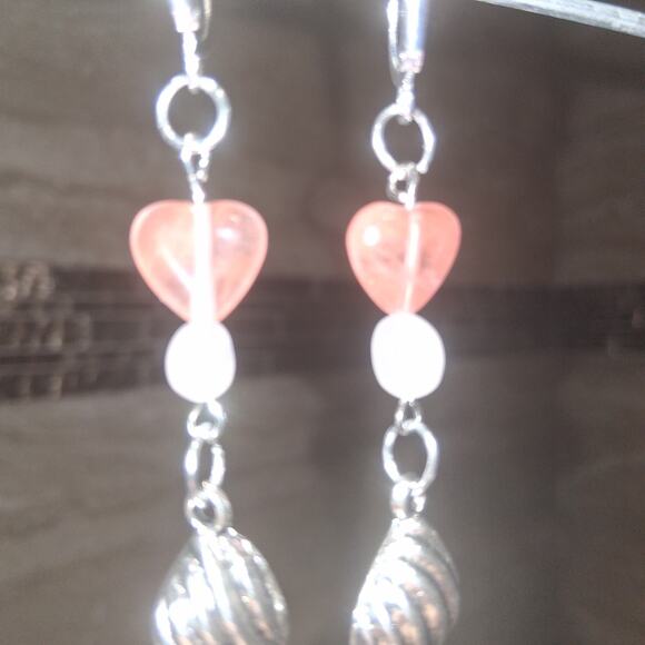 Pretty Rose Quarts Sea Shell Earrings with Silver Tone Hooks - Picture 2 of 2